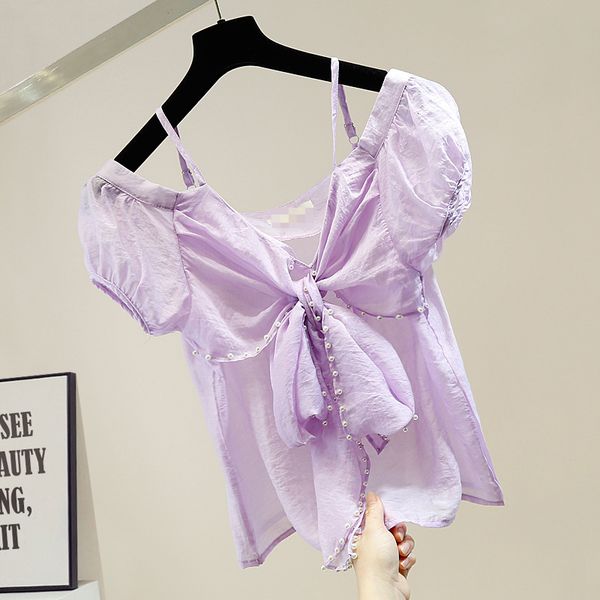 women's blouses & shirts harajuku beaded lace bow v-neck perspective female summer fashion womens blusas purple 1x04, White